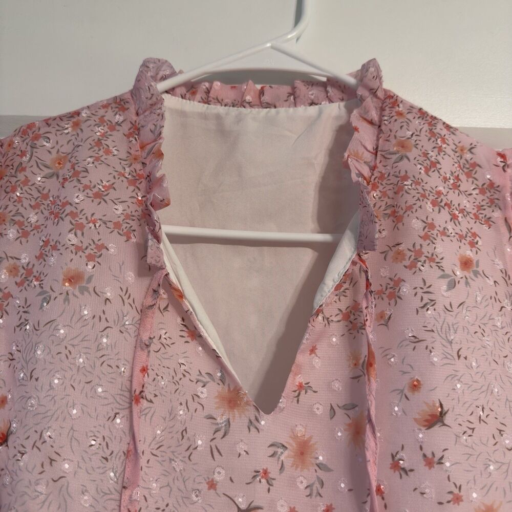 Women’s Pink Sleeveless Sheer Floral Ruffle Tie Neck Blouse Top Size Small - Picture 3 of 13